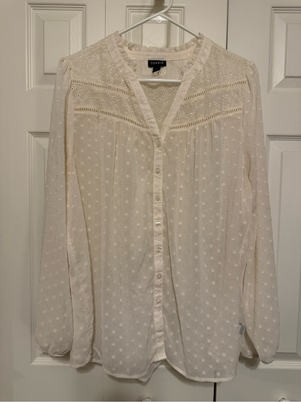 torrid Cream Swiss Dot Button-Down Blouse with Eyelet Trim